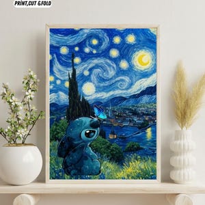 Arte de Stitch de Noche Estrellada / Imprimible Disney estilo Van Gogh / Lindo arte de pared de Stitch / Lilo y Stitch / Impresión de Van Gogh / Descarga digital