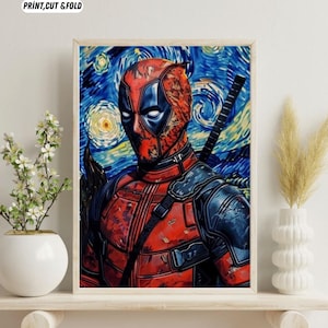 Arte de pared de Deadpool: Noche estrellada / Póster de Deadpool / Arte de pared para baño / Arte de pared para guardería / Póster de película / Impresión de Van Gogh / Pintura de paisaje