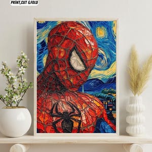 Spider-Man Starry Night Digital Poster,Spiderman Poster,Landscape Painting,Marvel Poster,Movie Poster,Printable Superhero Room Decor