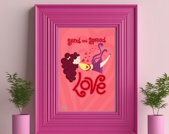 Digital Art Wall Decor for a Teen's Bedroom Love Themed to Decorate Girl's Room Illustration in Red and Pink Color Gift for Her with Love