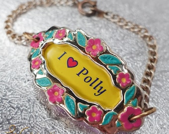 Vintage Polly Pocket I Love Polly Bracelet 1993 Gold Metal Bracelet from Pretty Polly’s Golden Charm Jewellery Collection