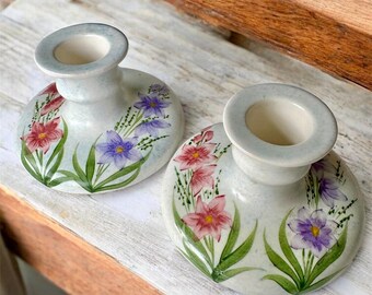 E.Radford Hand Painted Floral Pottery Candle Holders – Signed - Pale Blue. England