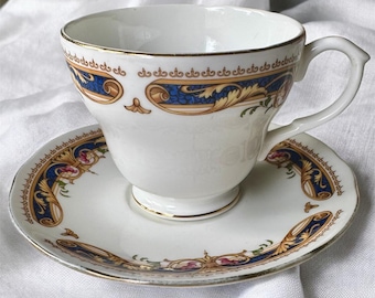 Vintage Duchess English Bone China Teacup and Saucer – Lucerne Pattern, Gilt Rims