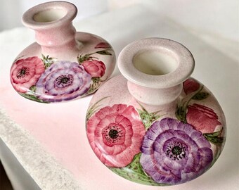 Pair E.Radford Hand Painted Floral Pottery Candle Holders –Signed -  Pink.  England