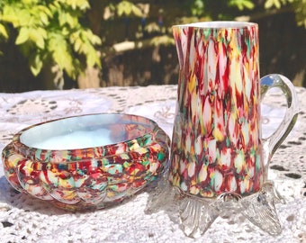 Speckled End of Day Art Glass Small Creamer Jug with Petal Feet and Matching Sugar Dish Antique Victorian Mottled Mixted Colours over White