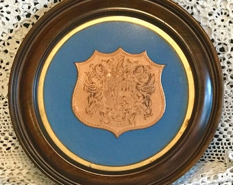 Engraved Copper Armorial Family Crest Mounted in a Circular Mahogany Frame with Blue Mount - Fine Detail and Quality