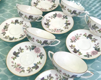 Royal Worcester English Fine Bone China Set of 6 Soup Cups & Saucers - June Garland - White with Pastel Flowers and Leaves Pattern