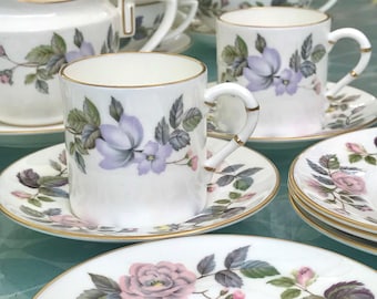 Royal Worcester English Fine Bone China Pair of Coffee Cans & Saucers - June Garland - White with Pastel Flowers and Leaves Pattern