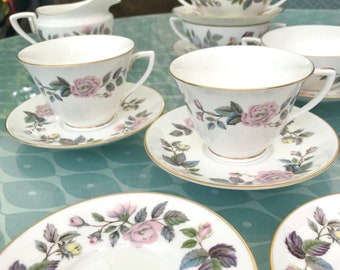 Royal Worcester English Fine Bone China Pair of Teacups & Saucers - June Garland - White with Pastel Flowers and Leaves Pattern