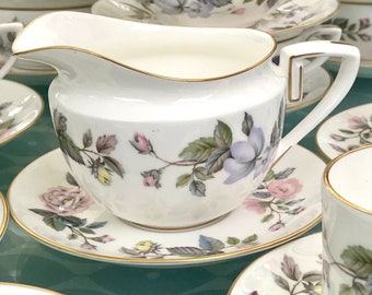 Royal Worcester English Fine Bone China Milk Jug & Saucer - June Garland - White with Pastel Flowers and Leaves Pattern