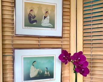 Pair of Framed Lithographs by Maxine Noel / Ioyan Mani - Sioux Art - The Love Flute, The Basket Weaver / Mother with Child - Rose Gold Frame