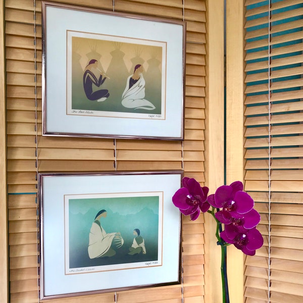 Pair of Framed Lithographs by Maxine Noel / Ioyan Mani - Sioux Art - The Love Flute, The Basket Weaver / Mother with Child - Rose Gold Frame