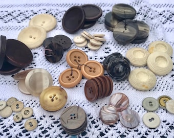 Collection of Mostly Very Large Vintage Buttons - Varying Plastics in Shades of Browns Beige and Cream - With Faux Horn and Mottled Glass