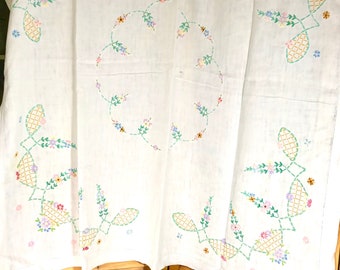 Pretty Fine Linen Vintage Tea Tablecloth. Square. White with Delicate Mixed Coloured Embroidery Trellis and Flowers Pattern