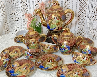 Vintage Japanese Moriage Eggshell Porcelain Tea Set for 6. Kannon Goddess of Mercy Hand Painted with Dragons. Shiny Gold Highlights