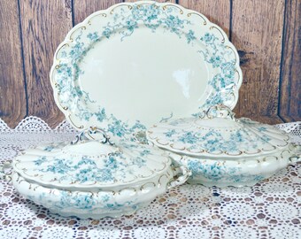 Pair of Antique English Lidded Tureens and Oval Platter Blue Florence Floral Pattern Matching Set Victorian