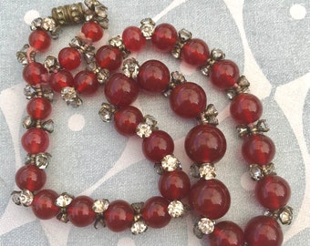 1930s Dark Carnelian Beads Necklace - Polished Round Graduated Beads with  Diamanté Rhinestone Set Spacers & Barrel Clasp 16 1/2" in length