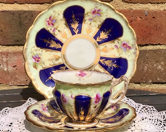 Antique 19th Century Tea Trio with Violet Flowers, Cobalt Blue and Gilding- Victorian
