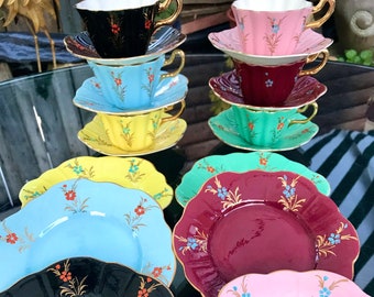 Royal Stuart Spencer Stevenson Tea Set. Harlequin Mixed Colours, Gold Floral Sprays with Hand Painted Flowers  C.1950s