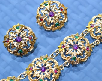 Ornate Gold Tone Bracelet & Matching Large Clip-On Earrings  - Multicoloured Stones