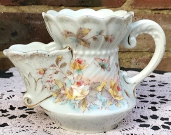 Tazza da barba in porcellana floreale vintage - Doratura rifinita a mano