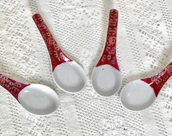 Set of 4 Chinese Rice Spoons Red Mun Shou Longevity Pattern Famille Rose - Made In China Export Porcelain