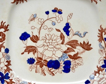 Vintage Copeland Spode England Square Cake Serving or Luncheon Plate Brown Floral Transfer Print Blue Under Glaze Hand Painting 8.25"