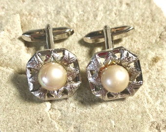 Vintage Cuff Links Silver Chrome with Faux Pearl Centre - Textured and Shiny Polished Layers with Cut Outs - T Bar Fittings