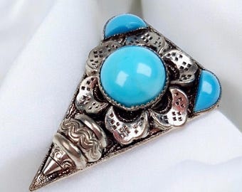 Art Deco Czech Max Neiger Dress Clip. Silver Tone ,Opaque Turquoise Glass Cabochons.