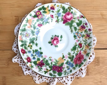 Crown Staffordshire Thousand Flowers Large Saucer / Sweet Dish- Colourful Floral Pattern on White Bone China - Made in England