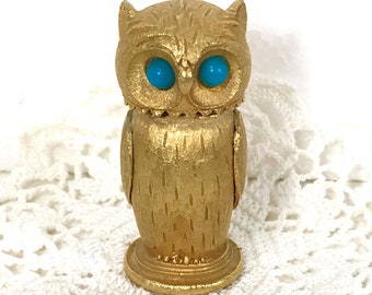 Miniature Owl Table Lighter by Florenza - Small Novelty Shape - Gold Tone with Faux Turquoise Stone Eyes - Dressing Table Accessory