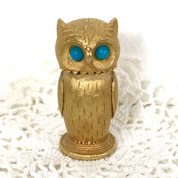 Miniature Owl Table Lighter by Florenza - Small Novelty Shape - Gold Tone with Faux Turquoise Stone Eyes - Dressing Table Accessory