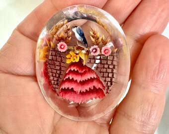 1940s-50s Reverse Carved Lucite Brooch - Reverse Carved, Hand Painted - Crinoline Lady - Oval