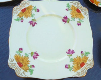 Large Plate 1930s Art Deco English China Square Cake or Sandwich Serving Plate New Chelsea Hand Painted Chrysanthemum