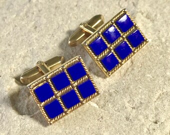 Vintage Cufflinks 1960s - 1970s Gold Tone with Deep Cobalt Blue Squares of Faux Lapis Lazuli Tiles in Rope Pattern Frames - Oblong