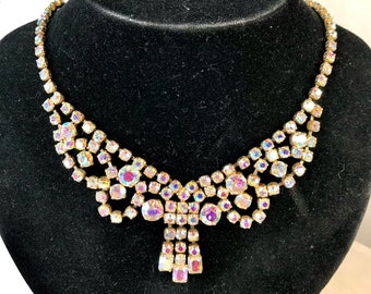 Vintage Iridescent Diamante Rhinestones Set Necklace - scalloped swag layers.