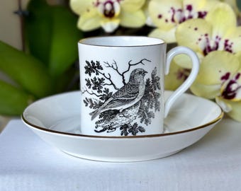 Crown Staffordshire Espresso Cup Saucer – Lesser Redpole Bird Engraving Thomas Bewick , Fine Bone China