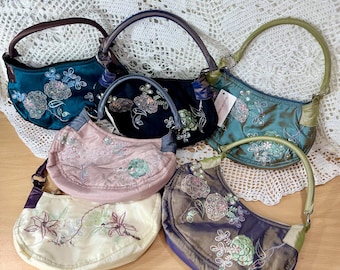 Boho Silk Satin Embroidered Handbags. New Old Stock Y2K Purses. 6 Available