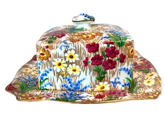 Royal Winton Grimwades Butter or Cheese Dish Marguerite Floral Chintz - Gold Rim - Square Plate & Cover - Circa 1950s