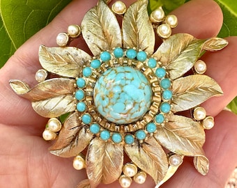 Large signed SPHINX Brooch. Gold Tone Sunburst Flower set with Turquoise and Pearl Beads.