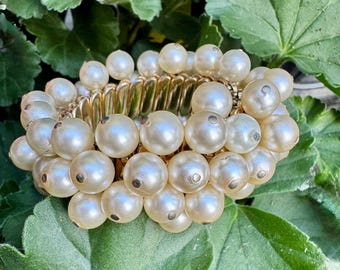 1950s Gold Tone Faux Pearls Expanding Bracelet, 'Empire Made'.