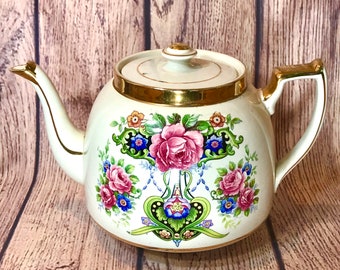 Vintage English Britannia Pottery Teapot. Cream with Colourful Art Nouveau Floral Print. Circa 1950s - 3pt