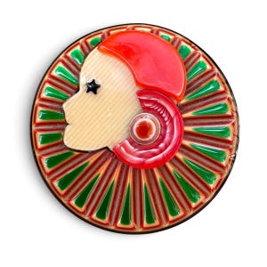LEA STEIN Statement Brooch, Signed Full Collarette Art Deco Lady | Pierette Girl. Multi Layered Cellulose Acetate. Large, 2.25”