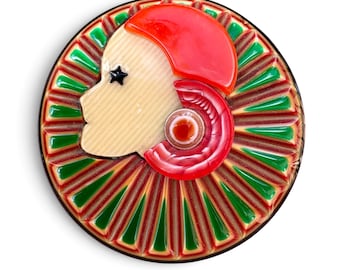LEA STEIN Statement Brooch, Signed Full Collarette Art Deco Lady | Pierette Girl. Multi Layered Cellulose Acetate. Large, 2.25”