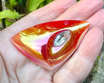1950-60s Atomic Iridescent Czech Glass Brooch - Orange Tones with A Shimmering Iridescent Finish