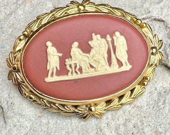 Vintage Wedgwood Jasper Plaque Brooch - Gold Plated - Rare Terracotta and Cream