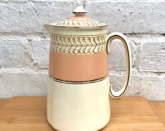 New Chelsea English Bone China Tea Hot Water Pot, Coffee or Chocolate Pot, Staffordshire. Cream with a Wide Peach Band, Gilt Detailing 2 Pts