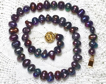 Dark Baroque Pearls Necklace. Large Peacock Blue Purple Colourful Iridescent Lustre Oval Egg Shape Beads Tahitian with Gold Tone Clasp