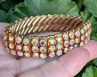 1950s Gold Tone Iridescent Diamante Rhinestone Bracelet, 'Empire Made'.