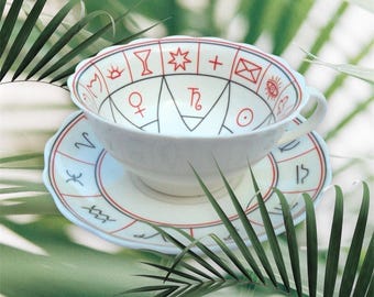 Fortune Telling Teacup and Saucer The Cup Of Knowledge Tasseography Tea Leaf Reading Star Pattern White Bone China Wide Shape Astrology